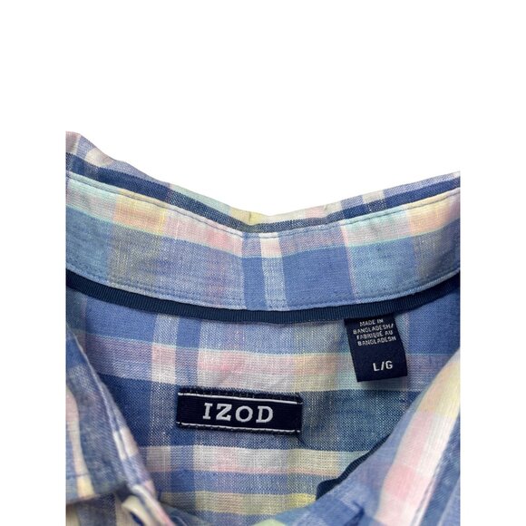 Izod Mens Short Sleeve Plaid Button Front Shirt Size L Linen Blend New - Picture 5 of 8